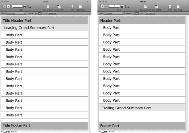 Left: In Preview mode, the Title Header and Title Footer are at the top and bottom of the first page. The Leading Grand Summary appears right before the first record, and FileMaker adds a copy of the body for every record until it fills up the page.Right: Every page thereafter shows the Header and Footer instead of the Title Header and Title Footer. If you don't have a Title Header, then you get the regular Header on the first page, too (and the same goes for the Title Footer). Also notice that the Trailing Grand Summary appears after the last record.