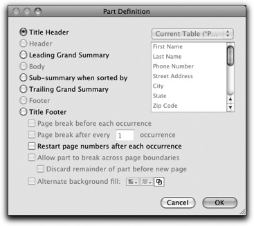 The Part Definition dialog box shows up when you add or modify a layout part. It includes a radio button for each of FileMaker's part types. You also get myriad checkboxes, most of which don't apply to a Title Header. You'll get a chance to use each of these options in time.