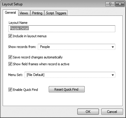 The Layout Setup dialog box (Layout→Layout Setup) holds options that apply to the layout as a whole. They range from critical (which table's data this layout shows) to the cosmetic (whether or not FileMaker shows flashy outlines around fields when you edit records).