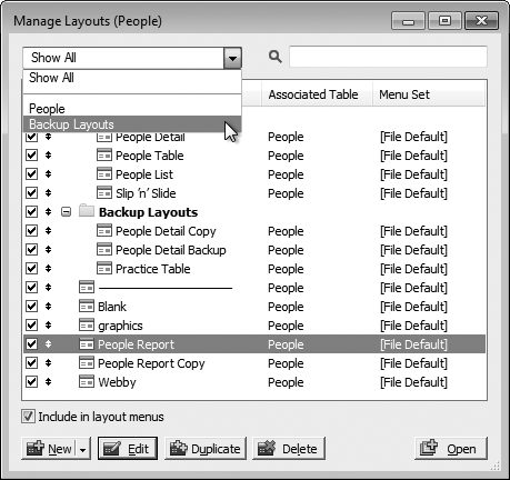 In the Manage Layouts dialog box, drag the double-arrow to reorder the list. The checkbox in the left column lets you determine whether a layout appears in the Layout pop-up menu. The pop-up menu at the top of the window contains a list of your Layout folders. Pick a folder from that menu to temporarily hide all other folders and layouts from the list.