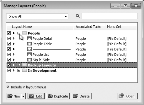 When you select a layout in the Manage Layouts dialog box, the four right-hand buttons at the bottom of the window become available. Click Edit to open the Layout Setup dialog box (page 283). Duplicate creates a new layout just like the selected one with the word "Copy" appended to the layout's name. Click Delete, and you have one opportunity to change your mind. If you don't back out FileMaker will delete the selected layout but good; deleting a layout is instant and permanent. Open, off to the bottom right of the dialog box, will bring up the selected layout in a new window.