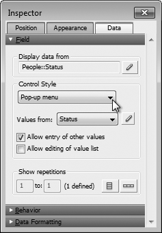 When you choose to display your field as a pop-up menu, FileMaker gives you a few new choices. Most importantly, you have to pick a value list from the "Values from" pop-up menu. You can also turn on "Allow entry of other values" to allow entry of other values if you want your pop-up menu to include an extra choice called "Other" that lets someone enter anything she wants. The second checkbox lets you add an "Edit" item to the menu so database users can edit the choices in the menu at will.