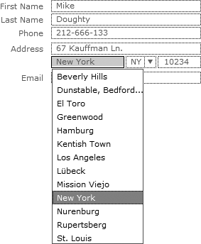 A drop-down list like the one showing cities here gives you a list of choices to save you the trouble of typing the one you want. Just click an item in the list, and FileMaker enters it into the field. You can also use the up and down arrow keys to select an item in the list. Finally, you can type the first few letters of an item's name to select it. Once you have an item selected, press Enter (Return) to accept it.