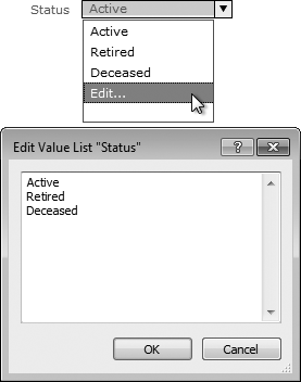 You can include an Edit item in your Drop-down List. When folks choose it, this little Edit Value List box appears. From here, they can add new items, delete items, or edit items in the list—all by typing directly in the text box. All of this assumes your value list has "Use custom values" turned on. You can't edit the items in a value list based on field values.