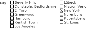 When you format a field as a Checkbox Set, it looks like the City field shown here. FileMaker adds one checkbox for each item in the value list, and arranges them to neatly fill the boundaries of the field. You can apply borders, fills, and effects to a field like this—they affect the entire area the Checkbox Set covers.