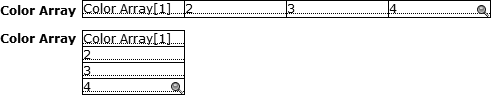 This layout shows the same repeating field twice, once with horizontal orientation, and once with vertical. (See the box below for further advice.) In Layout mode, FileMaker numbers each repetition in a repeating field to let you know which one it is. The first repetition shows the full field name and—if there's room—the repetition number in brackets.