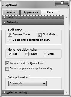 The Inspector's Behavior section lets you control how the field acts in Browse mode. The most common setting is the first set of checkboxes, "Field entry". But each option here is useful under certain circumstances.