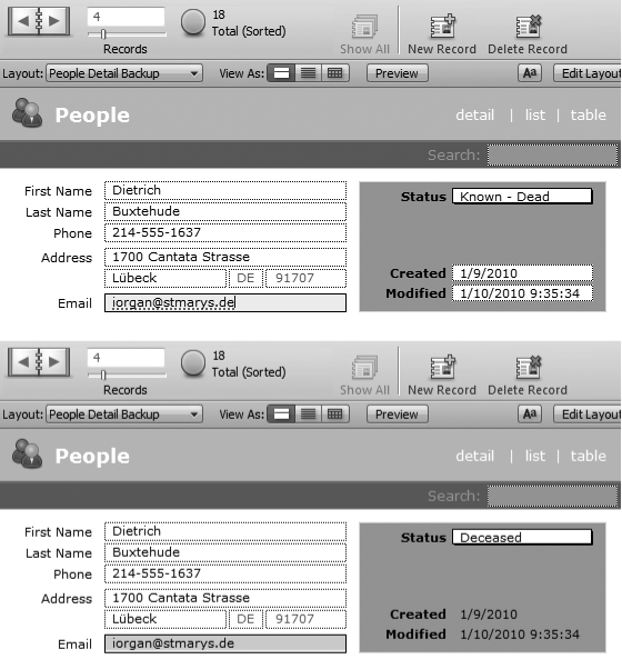 Top: When you click a field, the flashing insertion point appears right where you clicked. In this image, you clicked at the end of the email address. Also notice that FileMaker has underlined the address because it thinks it's misspelled.Bottom: By changing field behavior the Email Address field now behaves differently. A click selects the whole address, making it a breeze to copy or replace. And the visual spell checker has been turned off for this field, so you're no longer bothered with an underline. You'll also notice the Created and Modified dates no longer appear as editable.