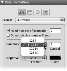 Currency formatting offers four choices for the placement of the currency symbol (a dollar sign in this example). The first option leaves it out entirely. The second and third place it before the number and before or after the negative symbol if present. The final option places the currency symbol immediately after the number.