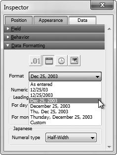 The Format pop-up menu gives you eight formats to pick from. If you choose either the second or third, you can choose something other than "/" to go between each number by typing it in the "Numeric separator" box (it's covered by the menu in this picture). You can also add a leading zero or a space to single-digit day and month numbers by picking from the Leading Characters area's pop-up menus.