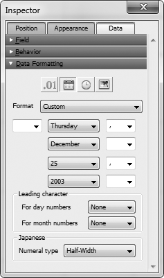 The Custom date format options consist of a series of text boxes and four Date Value pop-up menus. You can put anything you want in the text boxes, and it appears between portions of the date. Each pop-up menu includes the same set of choices. The first three let you show the day portion of the date. You can show the day-of-month number, or the day-of-week name as an abbreviation or full name. Next, you get the same three ways to display the month. If you're so inclined, you can add a quarter to your date in two ways. Finally, you can pick between a two-digit and a four-digit year. FileMaker strings the text and date values together to produce the final result.