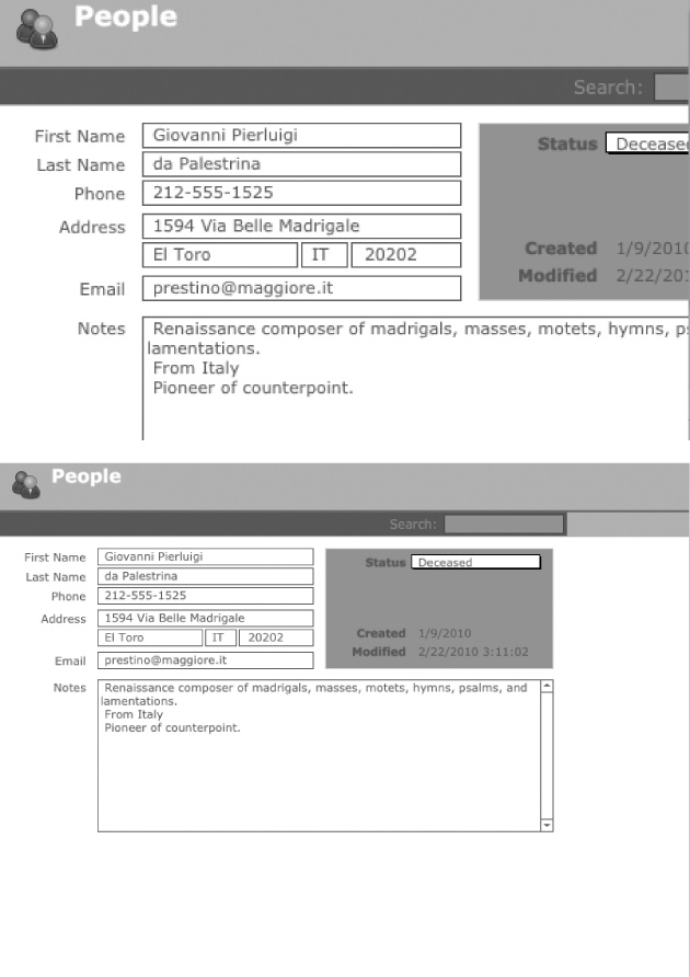 Top: When you resize the database window, FileMaker seems to make the worst choices possible. A smaller window leaves things out—like parts of the Notes, Status, Created, and Modified fields.Bottom: A bigger window, on the other hand, is just a waste of space. You don't get any extra room where it counts (in the fields) so your window just takes up extra space for no good reason.