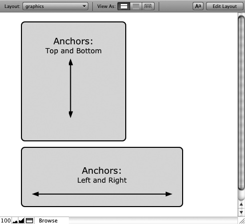 When an object is anchored on the left and right, it stretches side to side as the window grows. Likewise, an object that's anchored top and bottom gets taller. Of course, you can anchor an object on all four sides if you want. Then it grows in both directions as the window gets bigger.