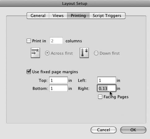 These settings affect the way the current layout prints. For example, you can create a layout that prints in multiple columns (imagine printing sticky labels). For now, draw your attention to the "Use fixed page margins" checkbox, which you need to turn on if you want this layout to have hard-coded (and consistent) page margins.