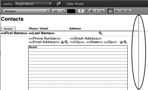 The page break line (circled) shows where your layout cuts off when printed. You can now fill up your layout any way you choose, confident that it'll all print properly on anybody's printer.