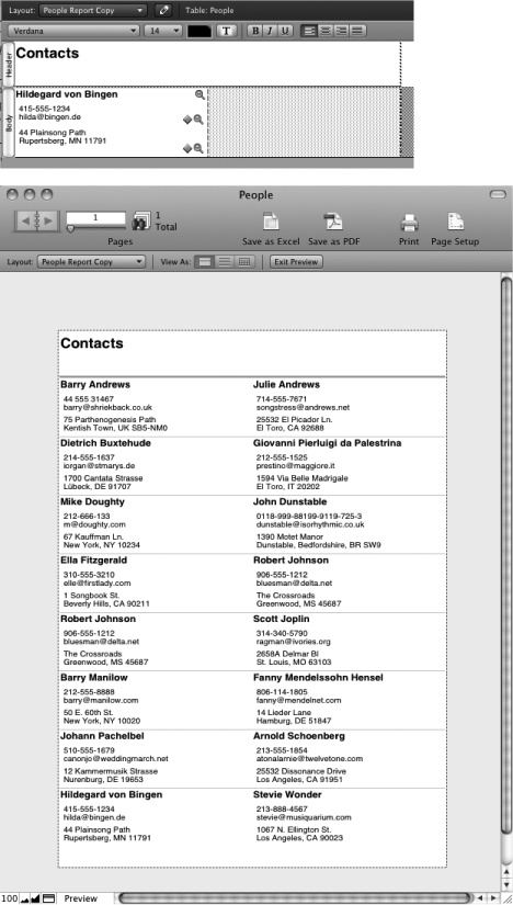 Top: FileMaker draws a dashed line through your layout to show you where the columns land. It also covers every column but the first with a dotted pattern. This pattern is its way of saying, "Don't expect anything you put here to print." Since every column is identical, you just have to lay out the first. FileMaker repeats it for the rest.Bottom: With the layout set to print in two columns, everything comes together in Preview mode or when you print.