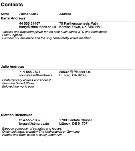 When you preview the report, you quickly see that your nice compact printout is now very space-inefficient. The Notes field is often empty, or holds just a line of text, but FileMaker reserves lots of space for it just in case. Also, if you have lots of notes in one record, then the field may not be big enough, so the text is cut off. But if you make the field even bigger, then you just waste more space. Sliding layout objects are the solution.