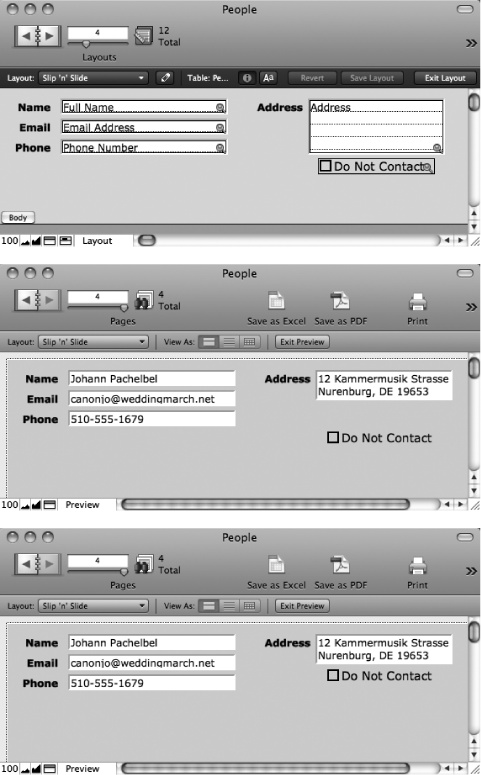 Top: Everything on this layout is "above" the Do Not Contact checkbox. But for the purposes of sliding, only two count. From FileMaker's perspective, the Address field is directly above it, while the Phone field is simply above it. If the Address field and the Do Not Contact checkbox are both set to slide up, then the "All above" or "Only directly above" choice becomes important.Middle: If you choose "All above", then the checkbox never slides because the Phone field doesn't.Bottom: If you choose "Only directly above", then it sticks with the Address field, even if that means sliding up alongside the Phone field.