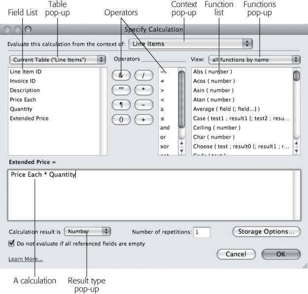 Any time you create or edit a calculation, you see a window just like this one. You have lots of tools here, all focused on helping you create a calculation. You'll learn how to use all these options in the rest of this chapter. And now that you recognize the Specify Calculation dialog box, you'll start seeing it everywhere: scripts, conditional formatting, accounts & privileges, and even custom menus.