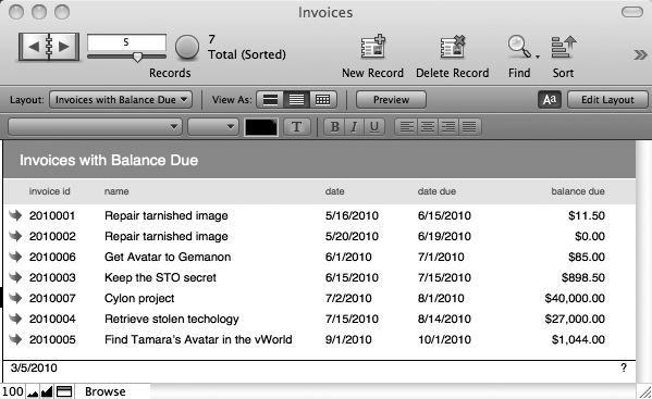 To follow along in this chapter, you need an Invoices with Balance Due layout like this one. If you want to express your creativity, or review the process for creating layouts, feel free to roll your own report layout.