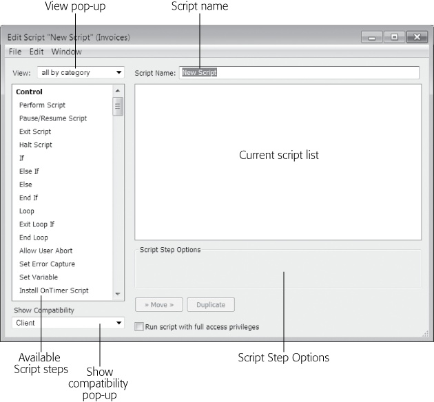 In the Edit Script window, you build your script by choosing steps from the Available Script Steps list, and then using the Move button to add them to your script. Or double-click a step to add it. Once it's added, you can configure a script step using buttons, checkboxes, and radio buttons that appear in the Script Step Options area.