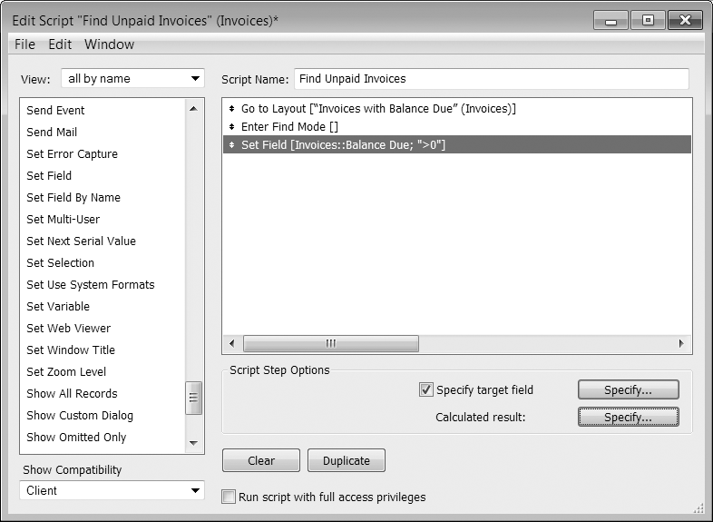 FileMaker shows your script steps in the order they're performed. If a step has any options, then they're displayed in brackets after the step name. In this example, the Invoices::Balance Due field is modified by the Set Field step.