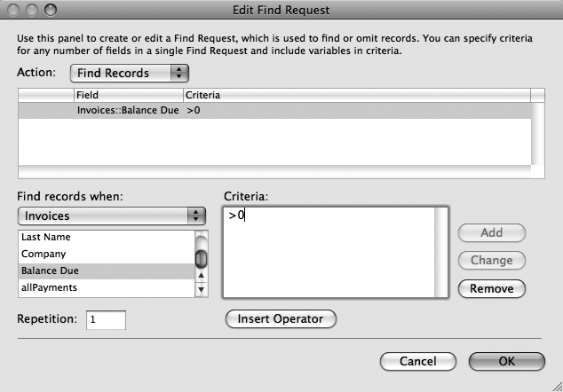 You construct a find request in this dialog box. The list at the top shows all the fields that have criteria in the request. From the list on the left, you can pick a field, and then put something in the Criteria box to set that field in the find request. From the top list, you can also select criteria, and then edit them (click Change when you're done) or click Remove to remove them. Everything you do in this window has the same result as typing into fields in a single request in Find mode.