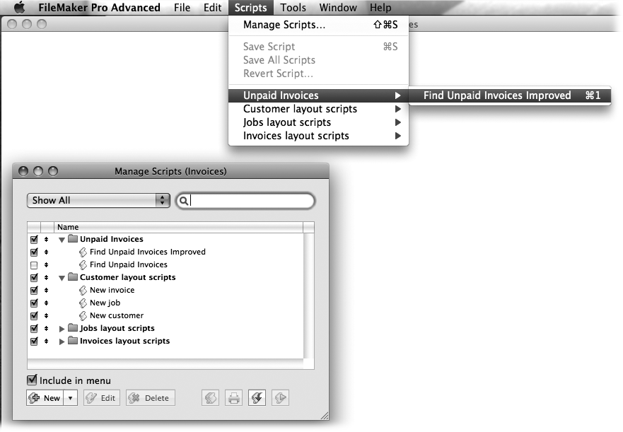 In the Manage Scripts window, every script has a checkbox by its name. If you turn on this box, then the script appears in the Scripts menu, and you can run it simply by selecting its name. At the top, notice the Scripts menu that results from the settings above. On page 433 you'll learn how to make the folders shown here.