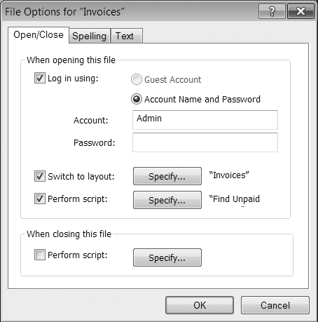 The Open/Close tab of the File Options window (File→File Options) lets you tell FileMaker what to do when someone opens or closes a file. Most of this window is devoted to the things that happen when a file opens. Only the last checkbox (under "When closing this file") has to do with which script should run when the file closes.