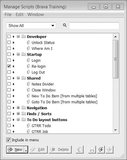 When your database has lots of scripts, like this one, organization becomes critical. Here, the scripts are arranged in a logical order, and grouped into folders, as described in the steps starting on the next page. Some folders are open, and others are closed. Most scripts aren't set to show in the Scripts menu because this solution has buttons for users to run the scripts they need.