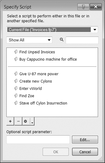 In the Manage Scripts window, separators just show up as scripts named "–" but everywhere else, they turn into proper visual separators. Here, in the Specify Script window, the separator is right under the "Buy Cappucino machine for office" script.