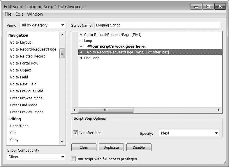 When "Next" is selected in the Specify pop-up menu, the Go to Record/Request/Page script step has an "Exit after last" option. When selected, "Exit after last" exits the found set (and stops the loop) after the loop's steps have run on the last record in the found set. This script will start on the first record in the found set and repeat the actions represented by the "#Your script's work goes here" comment once for each record in the found set. You can work through a found set backwards by choosing "Previous" in the Specify pop-up menu, and then selecting "Exit after last." This makes sense if you want to leave the user on the first record in a found set at the end of a loop.