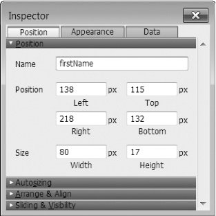 Name an object by selecting it and then typing a name in the Name box at the top of the Inspector's Position tab. Since you and your scripts are the only ones who'll ever see this name, you don't have to make it pretty for your users. Do make it simple and descriptive, though, so it's easy to use in a script.