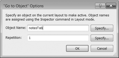 The "Go to Object" window's Object Name field requires you to type (or calculate) the exact name of a layout object. If you're accustomed to using hard-to-type names, you can copy the object's name from the Inspector, and then paste it into the Object Name box to ensure accuracy. The Repetition option lets you go to a specific line in a repeating field. Ignore this option for all other objects.