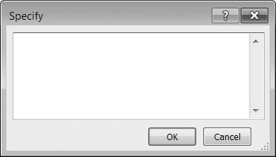 The Specify dialog box for Insert Text may seem puzzling, because you don't have any options to click. You just type the exact text you want the script step to insert. Note that this dialog box isn't a calculation dialog box. It lets you insert only literal text. Use Insert Calculated Result if you need to insert dynamic text with a script step.