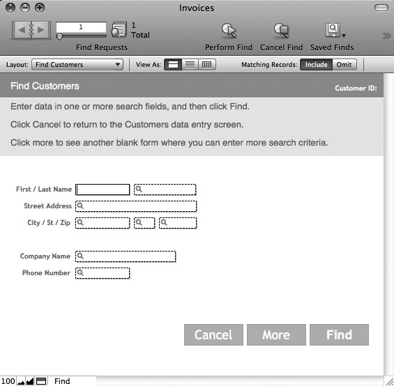 This layout is designed specifically for Find mode. Two sets of instructions help people figure out what to do. The Find button resumes your script. The More button runs a New Record/Request script step. Since this layout is for Find mode only, make sure someone's in Find mode when she gets here, and take her to a different layout when she's done. You need a script like the one in the steps that start below.