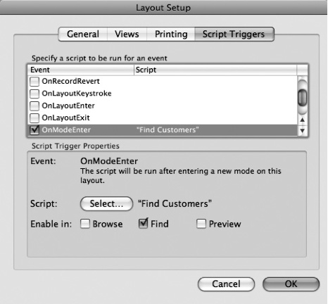 Here's how your OnModeEnter trigger looks once you've configured it. To recap, whenever someone enters Find mode on this layout, the Find Customers script runs automatically.