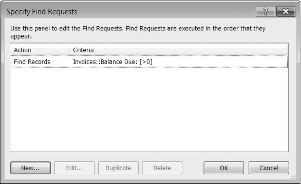 The Specify Find Requests window shows up when you tell FileMaker you want the Perform Find script step to perform a predetermined find. (Developers call this technique hard-coding.) FileMaker automatically fills it with all the requests you used the last time you were in Find mode. If you have new requests, select them all, and then click Delete.