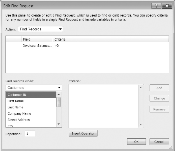 When you add a new find request or edit an existing one, you see this dialog box. It's just a more structured way to type data in fields in Find mode. Instead of using your layouts, you use this window, which gives you direct access to every field in the database (the Fields list) and lets you easily see exactly which fields are being used in the Criteria list.