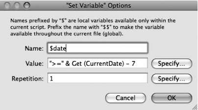 To set a variable, you give it a name and tell it what value to hold onto. The Specify button next to the Value field leads directly to the Specify Calculation window.