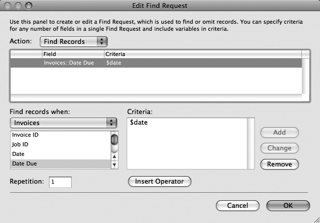 With this setting, FileMaker can use a dynamic date value to find an invoice where the Invoice::Due Date is within the past week. The value in the $date variable will change appropriately each time the script is run.