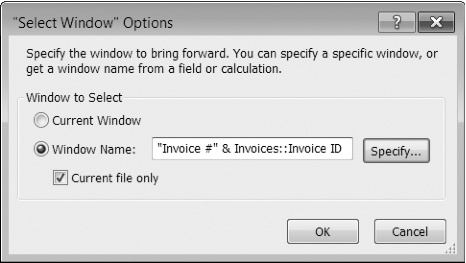 This window appears when you click the Specify button with a Select Window script step selected. From here, you can specify the Current Window, or choose Window Name, and then put the name of the window you want in the box. This calculation looks for a window with the name "Invoice #" and the current Invoice's InvoiceID.