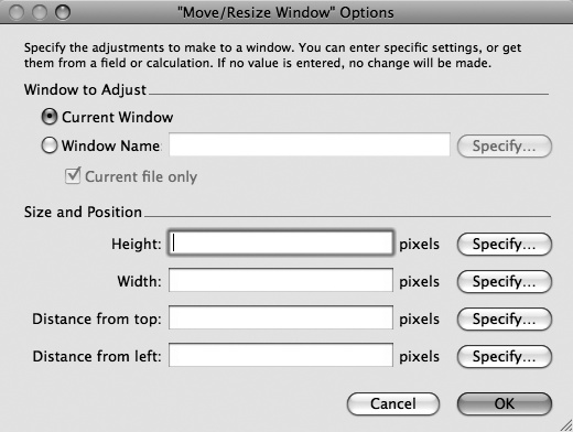 The Move/Resize Window settings look like a combination of the Select Window settings and the New Window settings. First, you pick which window you want to work on (Current Window, or a window selected by name). You then specify the new size and position for the window.