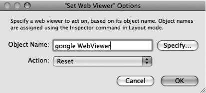 This Set Web Viewer dialog box is set to work on a web viewer with the prosaic name of "viewer." When you select the "Go to URL… option, you see the same Set Web Viewer dialog box that comes free with every web viewer.