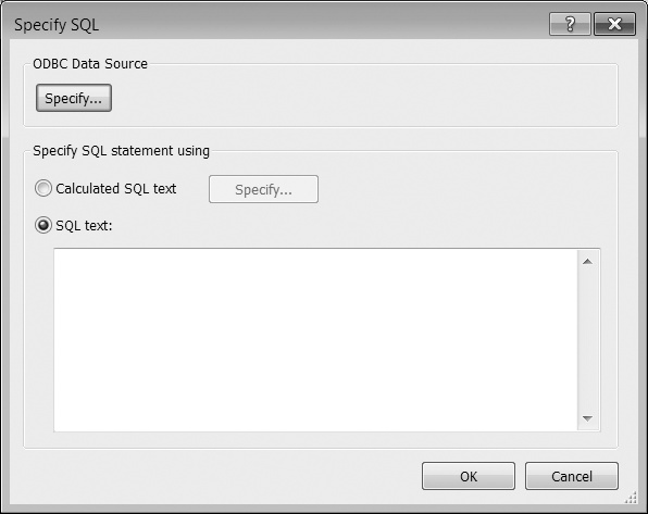 This picture shows the Specify SQL dialog box in its unvarnished state. Once you prepare your computer, and select an ODBC Data Source, the source name shows up beside the top Specify button. Then, you can use the Calculations dialog box to assemble a query, or just type directly in the SQL text field.