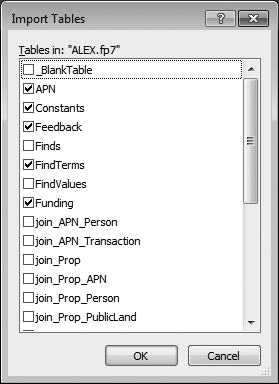 You see a simple list of all tables in the source file from which you've chosen to import tables. Turn on the checkbox by all the tables you want to import. You don't get to specify which fields are imported—they all come in. So if you don't need a few of those fields, just delete them when the import's finished.