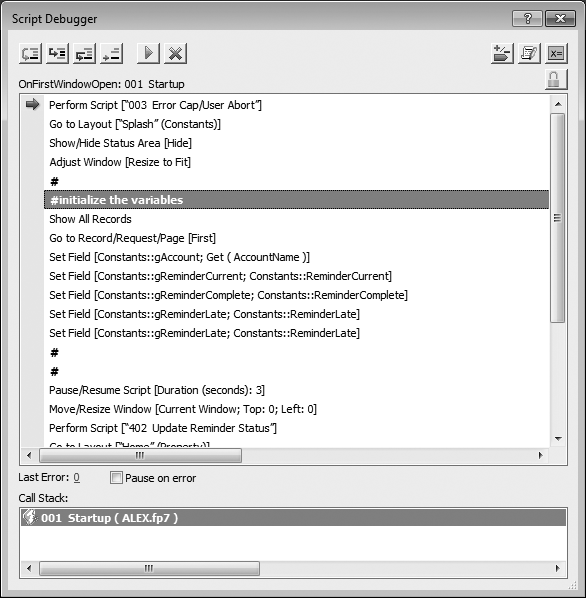 The Script Debugger window's loaded with information about the current script. You can see the script's name at the top, and all its steps in the middle. The Call Stack at the bottom, shows you the resources that invoked this script. Scripts can be called from buttons, custom menus, triggers, and other scripts. FileMaker lists the complete history here, showing which called this one, and below it, the one that called it. If a parameter was passed to any script, then it shows up down here as well. The Script Debugger window includes a row of unlabeled buttons across the top. The buttons on the left control the running script. The buttons on the right give you quick access to other debugger features.