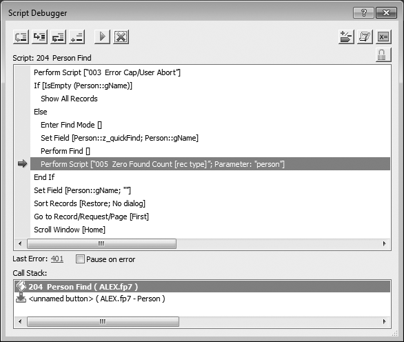 As you step through your script, the debugger constantly updates the last error number. You can instantly see when an error happened, and what the error code is. Best of all, this error number shows up when error capture is turned on (so you can spot an otherwise silent error) and when it's turned off (so you can see the code behind the error message). So if you're looking for error numbers, watch this space. If error capture is turned on, it's the only place you can view the error condition.