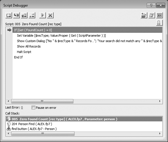 When scripts call other scripts, FileMaker stacks the script names up in the Active Scripts list. On top—and in bold lettering—you see the name of the script you're currently looking at. Directly below each script is the name of the script that called it. If you have scripts calling scripts with more than three levels, then you have to scroll the list to see the oldest ones.