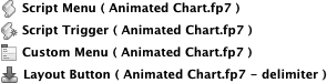 Each kind of call gets its own icon in the Call Stack. From top: A plain scroll means the script was either selected from the Scripts menu or called as a subscript; the script name is to the right. The scroll with a star means it was invoked by a Script Trigger; the script name is to the right. The menu icon is for scripts called from a Custom Menu item; the item's name as it appears in the menus is to the right. The blue arrow is for scripts started by a layout button followed by the name of the button (if any). All stack types show the name of the file in parentheses. The button type adds the name of the layout where the button resides.